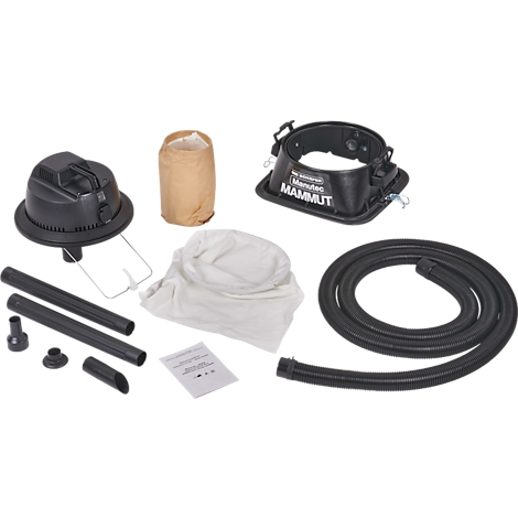 An arrangement of vacuum cleaner parts, including a black container, filter bags, a hose and nozzles.
