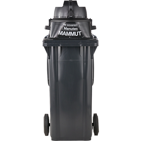Black trash can, 'SCHÄFER Manutec MAMMUT', with wheels and lid.