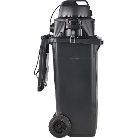 Grey industrial vacuum unit with wheels. A black motor sits on top, with a container and mounting below.
