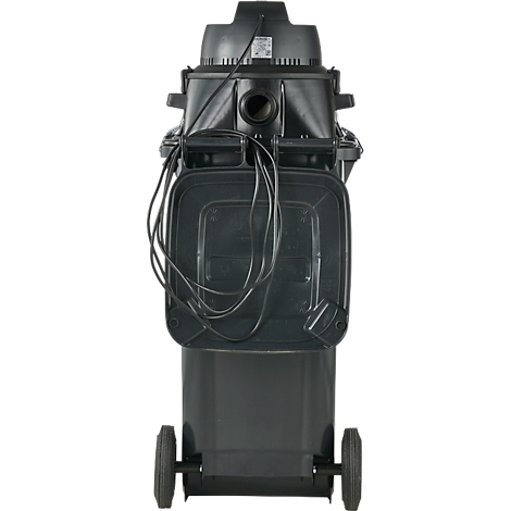 Black industrial vacuum cleaner, back view. Hoses, wheels, and housing are visible.