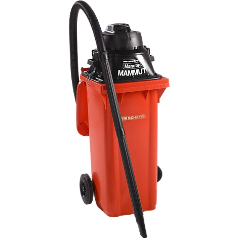 An orange vacuum cleaner with a black hose and nozzle. "MAMMUT" is written on the container.