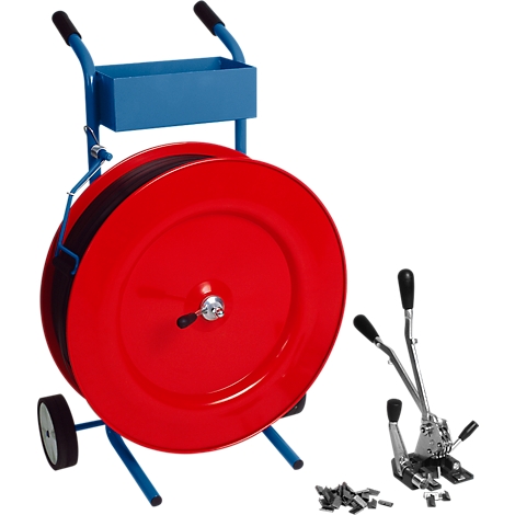 Red and blue packaging machine with strapping, tool and clips on a white background.