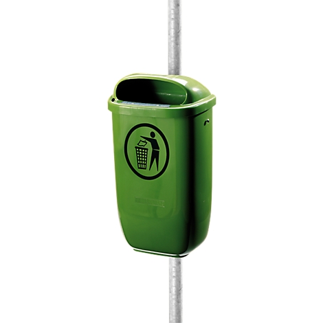 Green trash can on a pole. On the can a pictogram: Man throws garbage into a basket.
