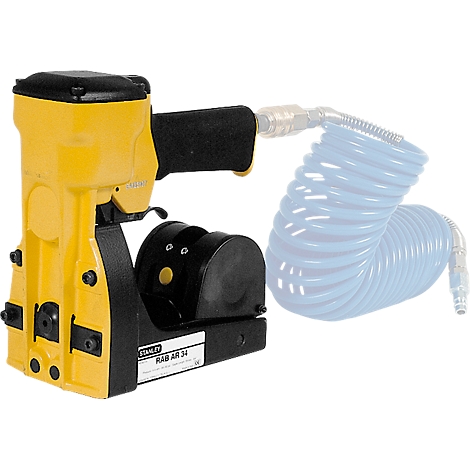 Yellow and black pneumatic nailer with a blue spiral hose. The device says 'RAB AR 34'.