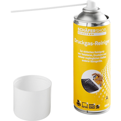 Pressurized gas cleaner with white cap and spray nozzle. Yellow and silver can with text.