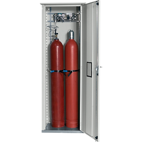 Open steel cabinet with two red gas cylinders. A measuring and control unit is located at the top.