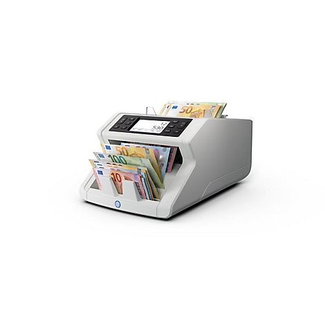 Machine de comptage de billets de banque avec de l'argent liquide. Machine blanche avec écran et commandes.