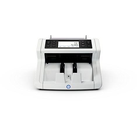 Machine à compter les espèces blanche. Affichage en haut, compartiments d'entrée et de sortie en dessous.