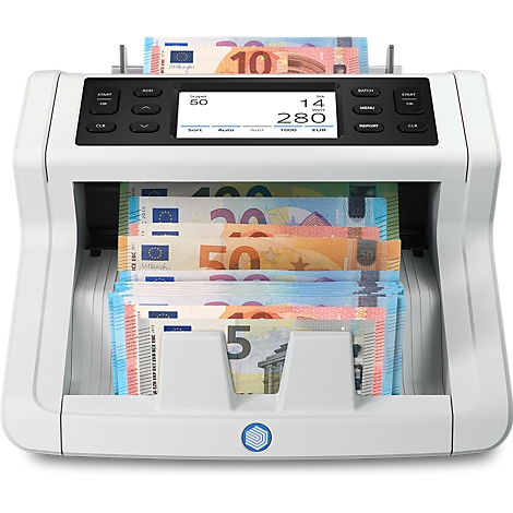 Une machine à compter l'argent avec des billets en euros qui sont introduits et distribués. Les chiffres sont affichés à l'écran.
