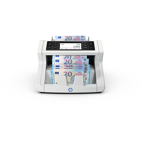 Machine de comptage de billets avec billets en euros.