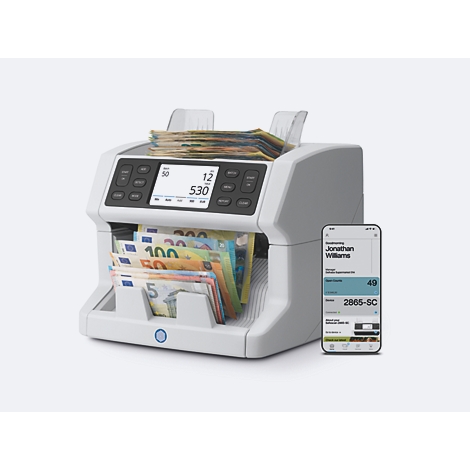 Une machine de tri d'argent blanche avec des billets de banque et un smartphone avec une application.