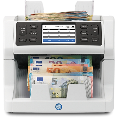 Une machine à compter l'argent avec des billets en euros. L'écran affiche une somme de 1000 euros.