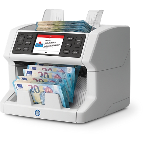 Compte-billets avec billets en euros et application pour smartphone avec informations de compte.