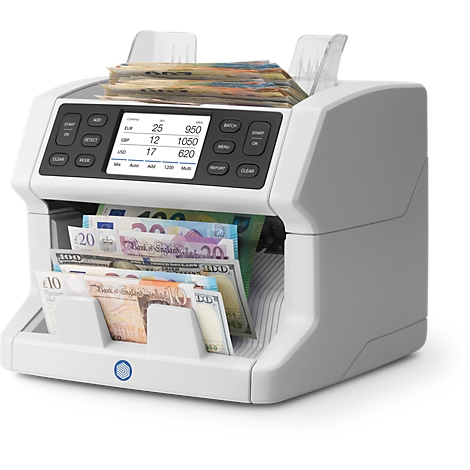 Machine de comptage de billets avec billets en euros. Sur l'écran : 14, 280. Billets dans les compartiments.