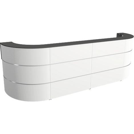 Un comptoir de réception blanc et incurvé, avec un dessus gris et des bordures argentées. Le comptoir a une esthétique moderne et minimaliste.