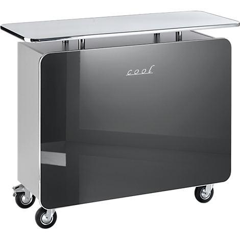 Une table d'appoint grise avec des roues, une surface brillante et le mot "cool" en lettres blanches.