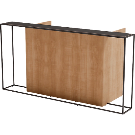 Meuble en bois avec cadre en métal noir sur fond blanc, buffet. Panneau supérieur fixé.