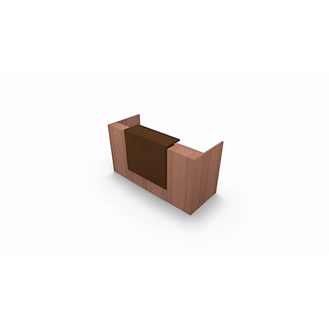 Réception de bureau en bois avec plan de travail marron.