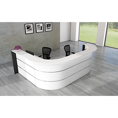 Comptoir en L Faro, 4 éléments, angle 90°, revêtement mélaminé, chants ABS, L 3250 x P 2320 H 1120 mm, blanc/anthracite 