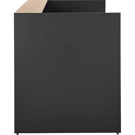 Un bureau noir avec un dessus de table brun clair et de petits pieds.