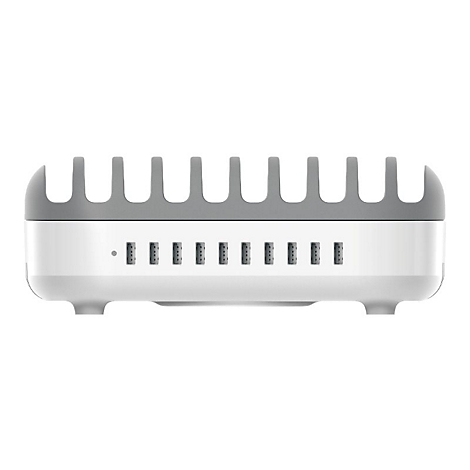 Appareil électronique gris clair avec des nervures grises sur le dessus et des trous de ventilation.