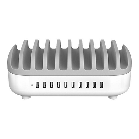 Station de recharge grise et blanche avec 10 ports USB. Il y a 10 emplacements sur le dessus pour accueillir les appareils.