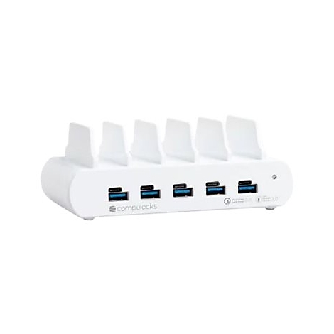 Chargeur USB blanc avec six ports et emplacements pour appareils.