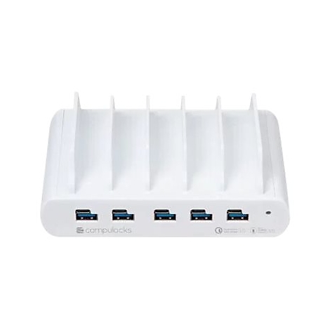 Weißes Ladegerät mit 5 USB-Anschlüssen und Trennwänden.