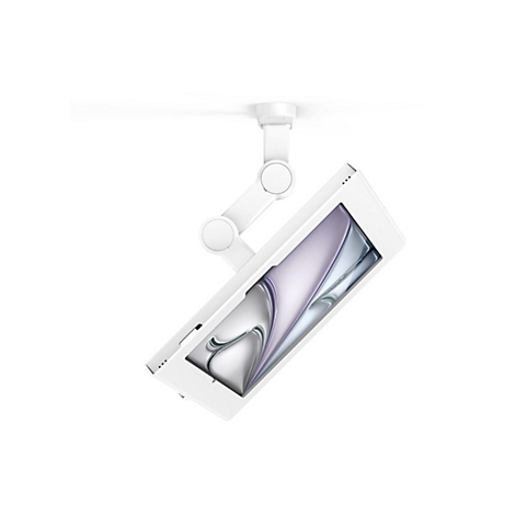 Ein weißes, an der Decke montiertes Gerät mit Display, das an einem Schwenkarm befestigt ist. Das Display zeigt eine abstrakte Grafik in Silber- und Lilatönen.