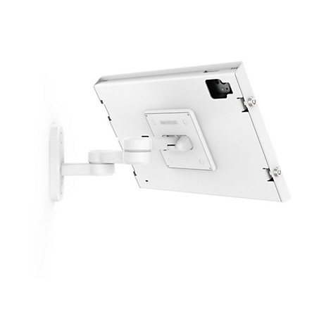 Weißes Tablet an einer weißen Wandhalterung. Die Halterung hat ein Gelenk, das eine Drehung ermöglicht.