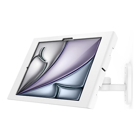 Ein weißes Tablet-Gehäuse an einer Wandhalterung mit einem grauen, violetten und blauen Bildschirmdesign.