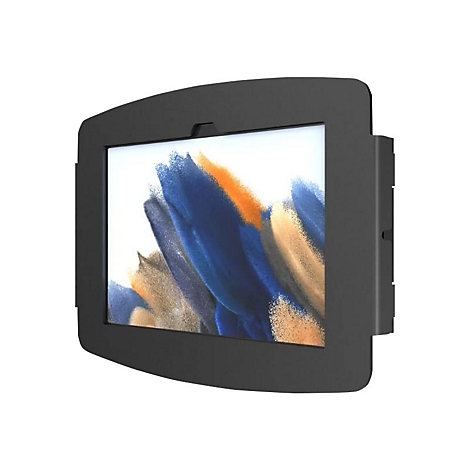 Schwarzer Tablet-Halter für eine Wandmontage, mit Tablet-Display im Vordergrund. Der Bildschirm zeigt ein abstraktes farbenfrohes Muster.