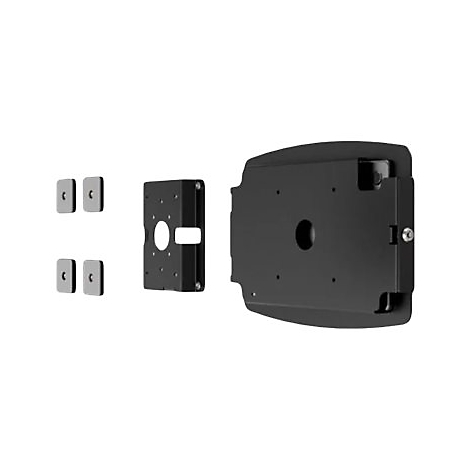 Schwarze Wandhalterung, bestehend aus mehreren Teilen, vor weißem Hintergrund. Drei Elemente sind einzeln zu sehen.