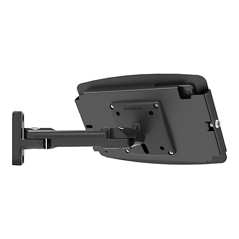 Schwarze Tablet-Wandhalterung. Sie besteht aus einem rechteckigen Halter, einem schwenkbaren Arm und einer Wandhalterung.