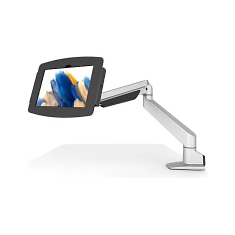 Tablet-Halterung mit Tablet, silberfarben, weißer Hintergrund.