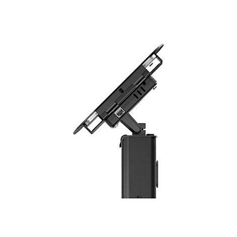 Schwarzes Kassensystem, Seitenansicht. Ein Bildschirm ist auf einem Standfuß montiert.