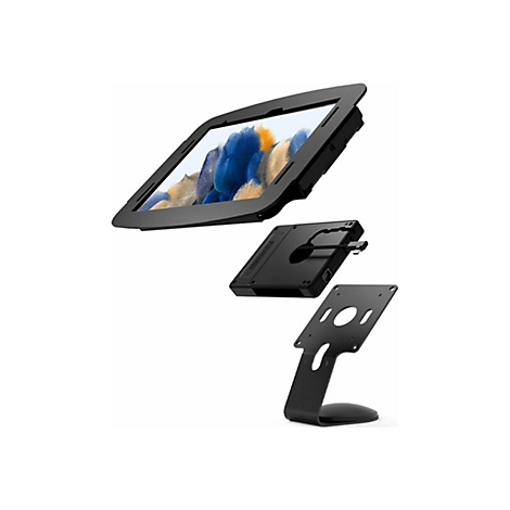 Schwarzes Tablet in Halterung, drei Teile; Tablet, Halterung und Standfuß.