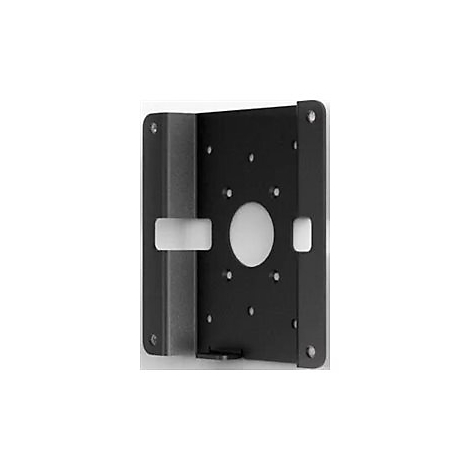 Schwarze Metallhalterung mit Schraublöchern und runden Aussparungen für die Montage an einer Wand.