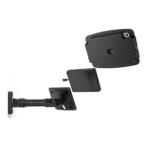 Schwarze Tablet-Halterung, Wandhalterung, Detailansicht. Einzelne Teile und montierte Halterung.