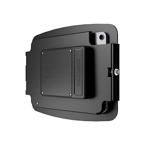 Schwarze Tablet-Halterung mit silbernen Akzenten. Oben Compulocks-Logo und Text.