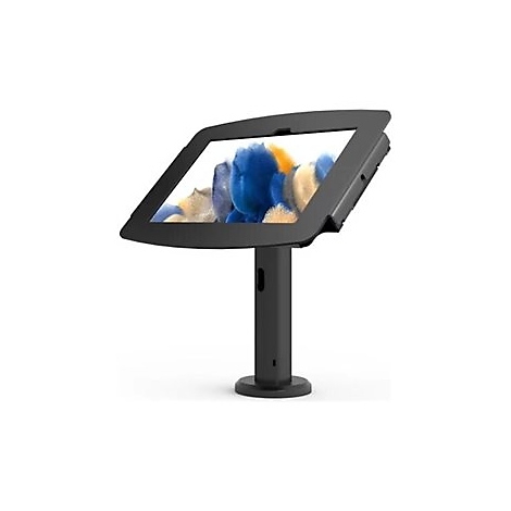 Schwarzes Tablet auf Ständer, Bildschirm zeigt blau-gelbes Muster. Der Ständer hat einen runden Fuß.