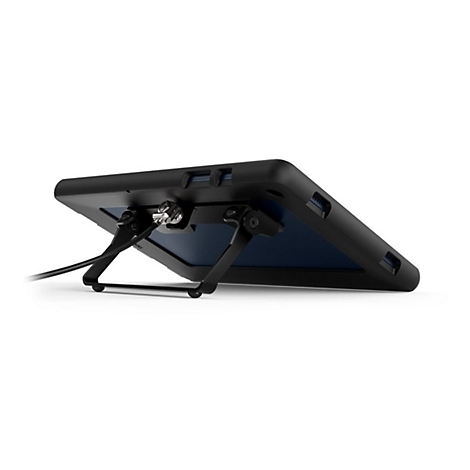 Schwarzes Tablet mit Ständer. Details des Ständers und der Anschlüsse sind deutlich zu sehen.