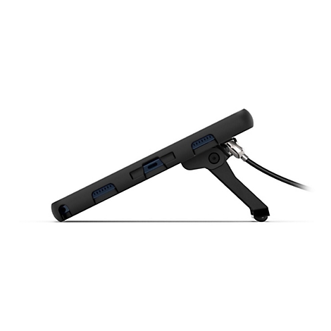 Schwarzes Tablet mit Ständer und Kabelsicherung, Seitenansicht.