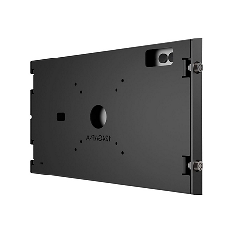 Schwarze Metallplatte mit Schrauben, Loch und Schriftzug.