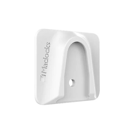 Weißer Wandhalter für ein Tablet mit dem Schriftzug Maclocks. Der Halter hat eine runde Öffnung und abgerundete Ecken.