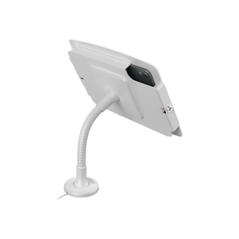 Hellgraue Tablet-Halterung mit flexiblem Hals und Smartphone, vor weißem Hintergrund.