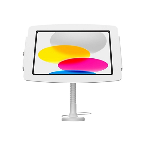 Weißer Tablet-Halter mit flexibler Säule und Tablet mit farbenfrohem Bildschirm. Weißer Hintergrund.