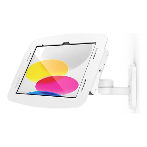 Weißes Tablet mit Wandhalterung. Bildschirm mit bunten Kreisen. Halterung montiert an Wand.