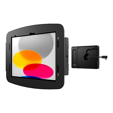 Schwarze Tablet-Halterung mit Tablet, daneben der Ladeanschluss. Auf dem Tablet-Bildschirm werden Farben angezeigt.