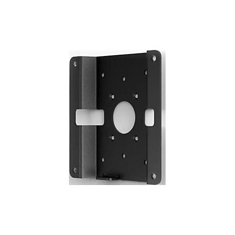 Schwarze Metallhalterung mit Schraublöchern und weißem Loch. Eckige Konstruktion. Auf weißem Hintergrund.